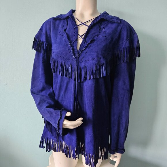Ralph Lauren Country indigo blue fringe leather lace-up shirt top cowboy western